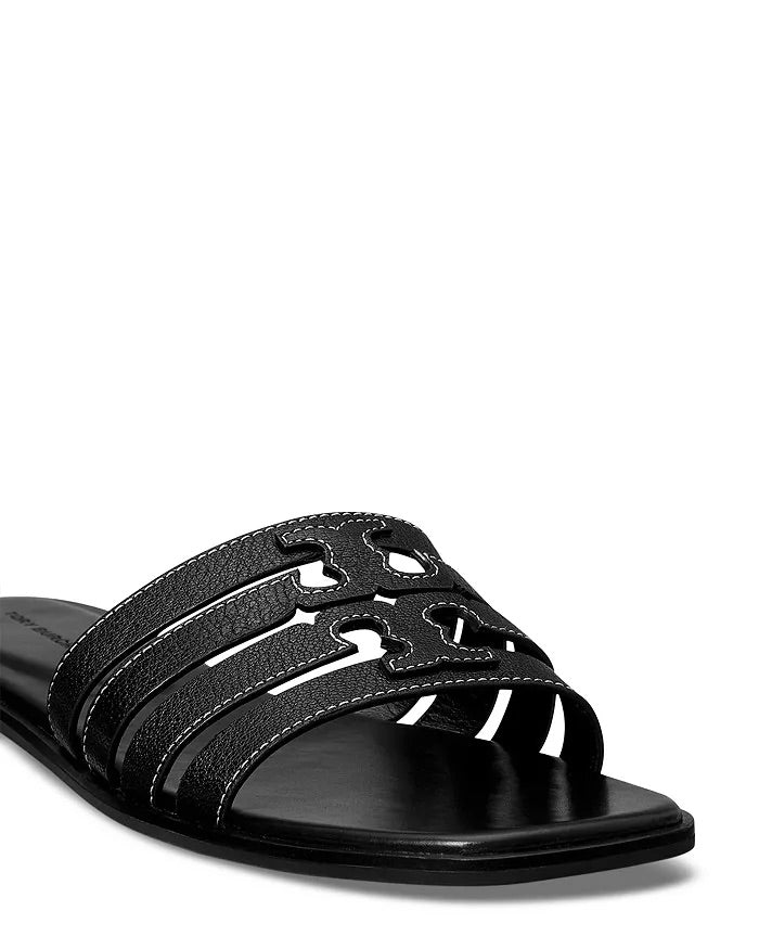Ines Cage Leather Slide Sandal - Black