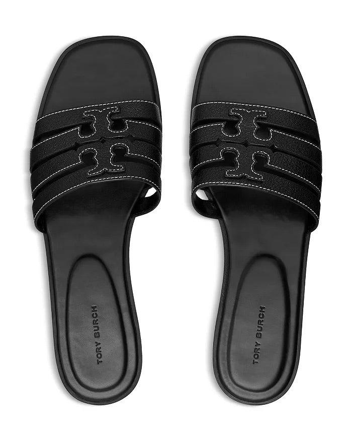 Ines Cage Leather Slide Sandal - Black