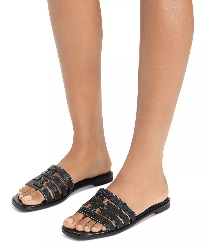 Ines Cage Leather Slide Sandal - Black