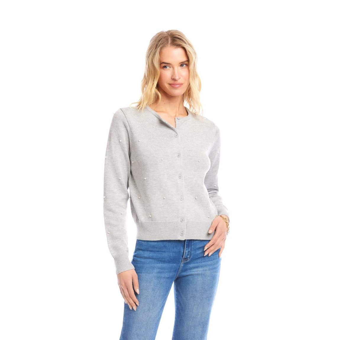 Faux Pearl Embellished Crewneck Cardigan - Gray