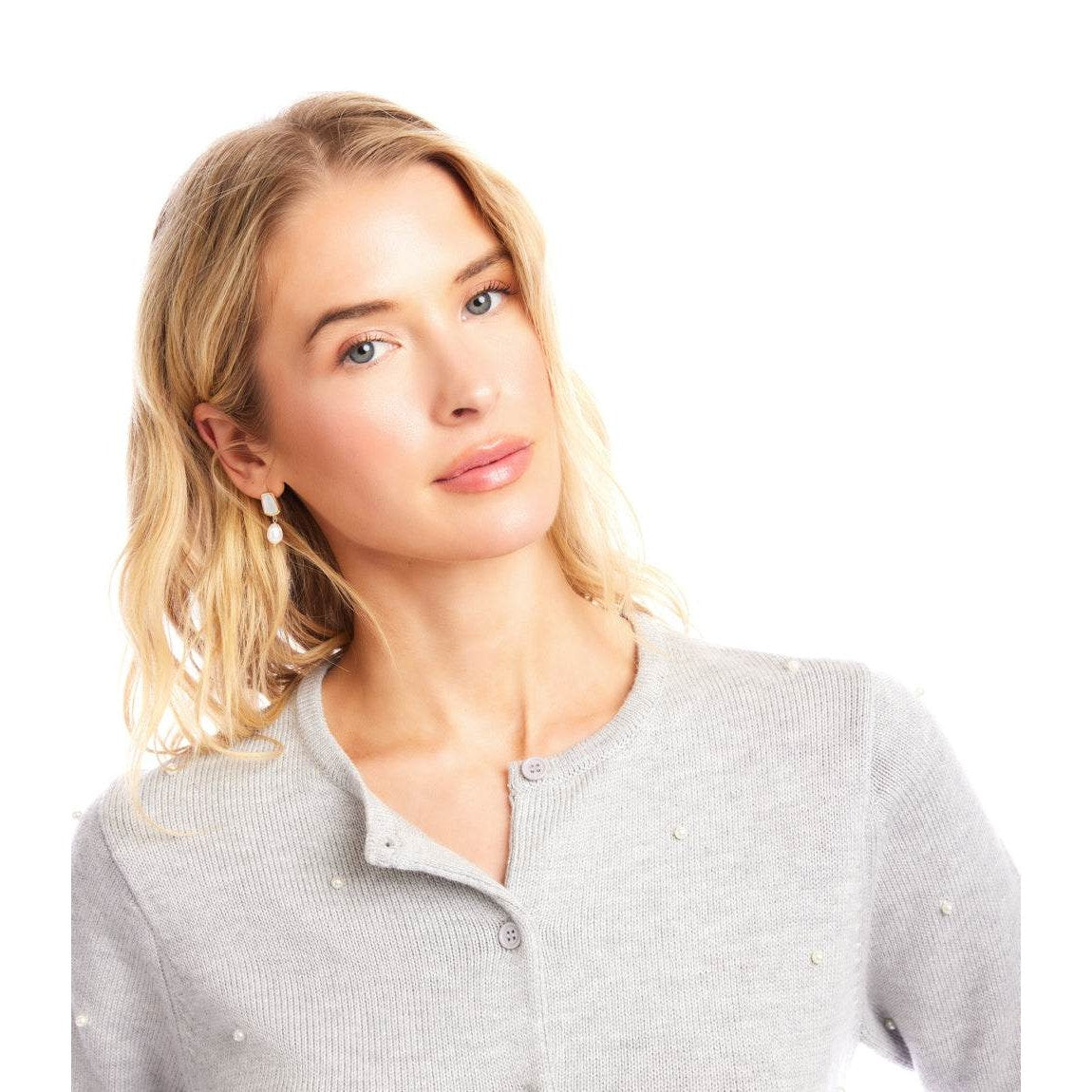 Faux Pearl Embellished Crewneck Cardigan - Gray