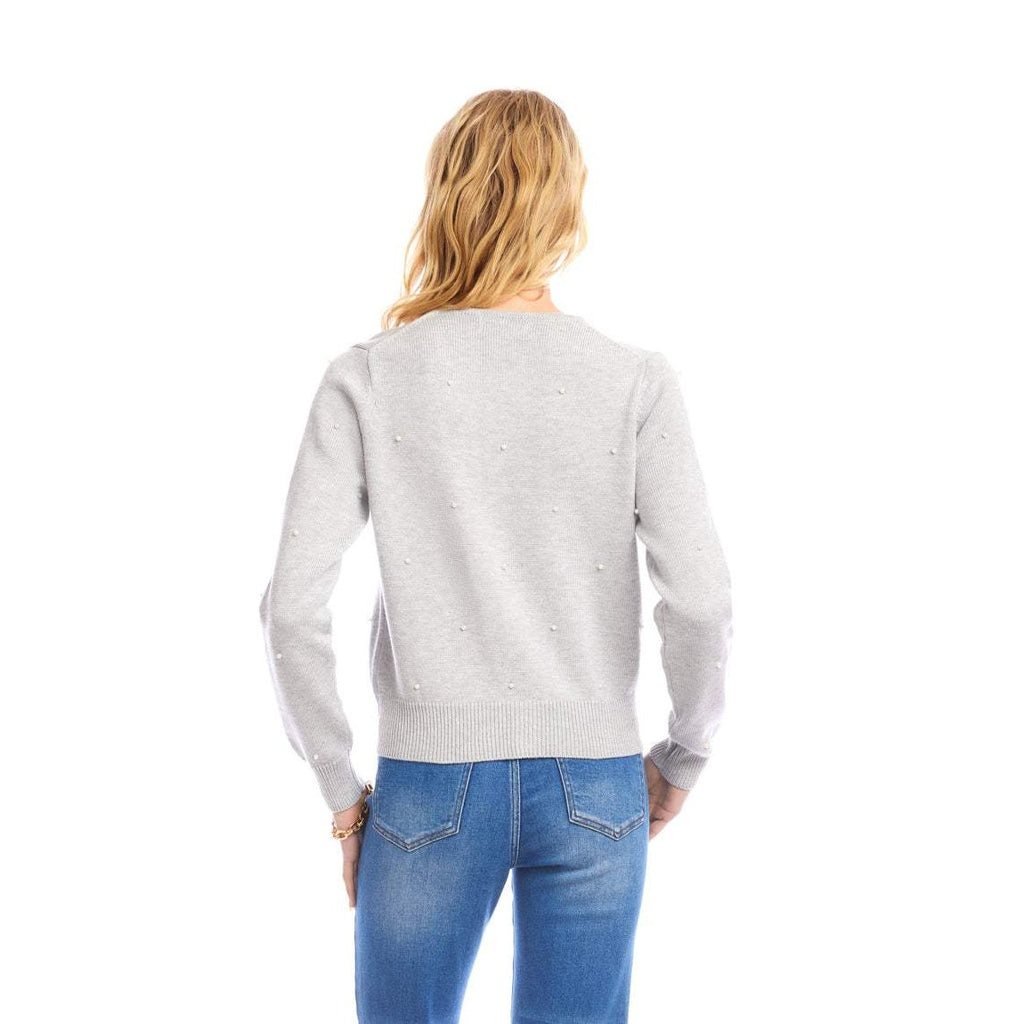 Faux Pearl Embellished Crewneck Cardigan - Gray