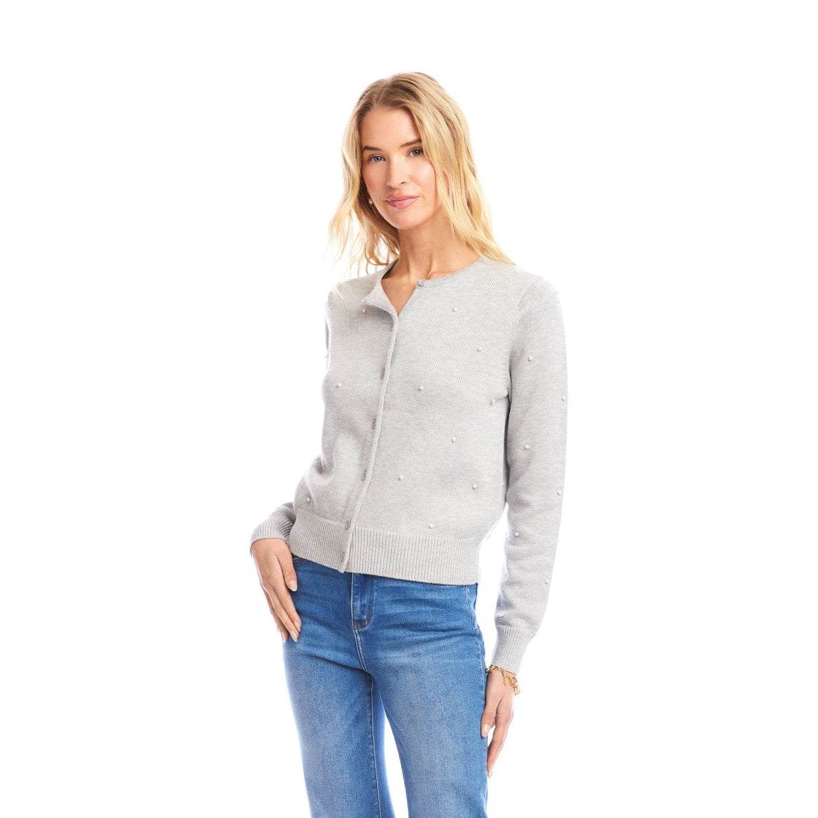 Faux Pearl Embellished Crewneck Cardigan - Gray